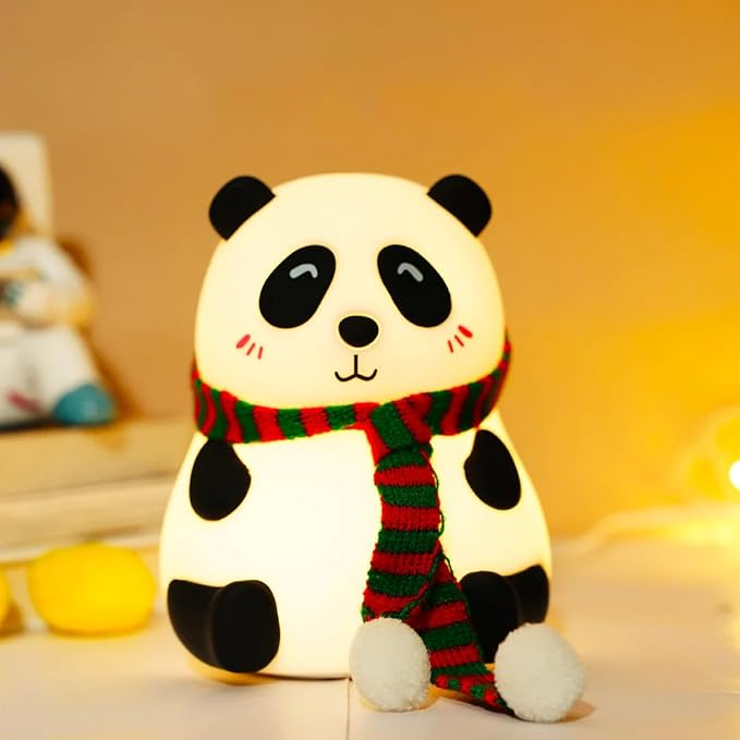 Cute panda night light with scarf glowing warm