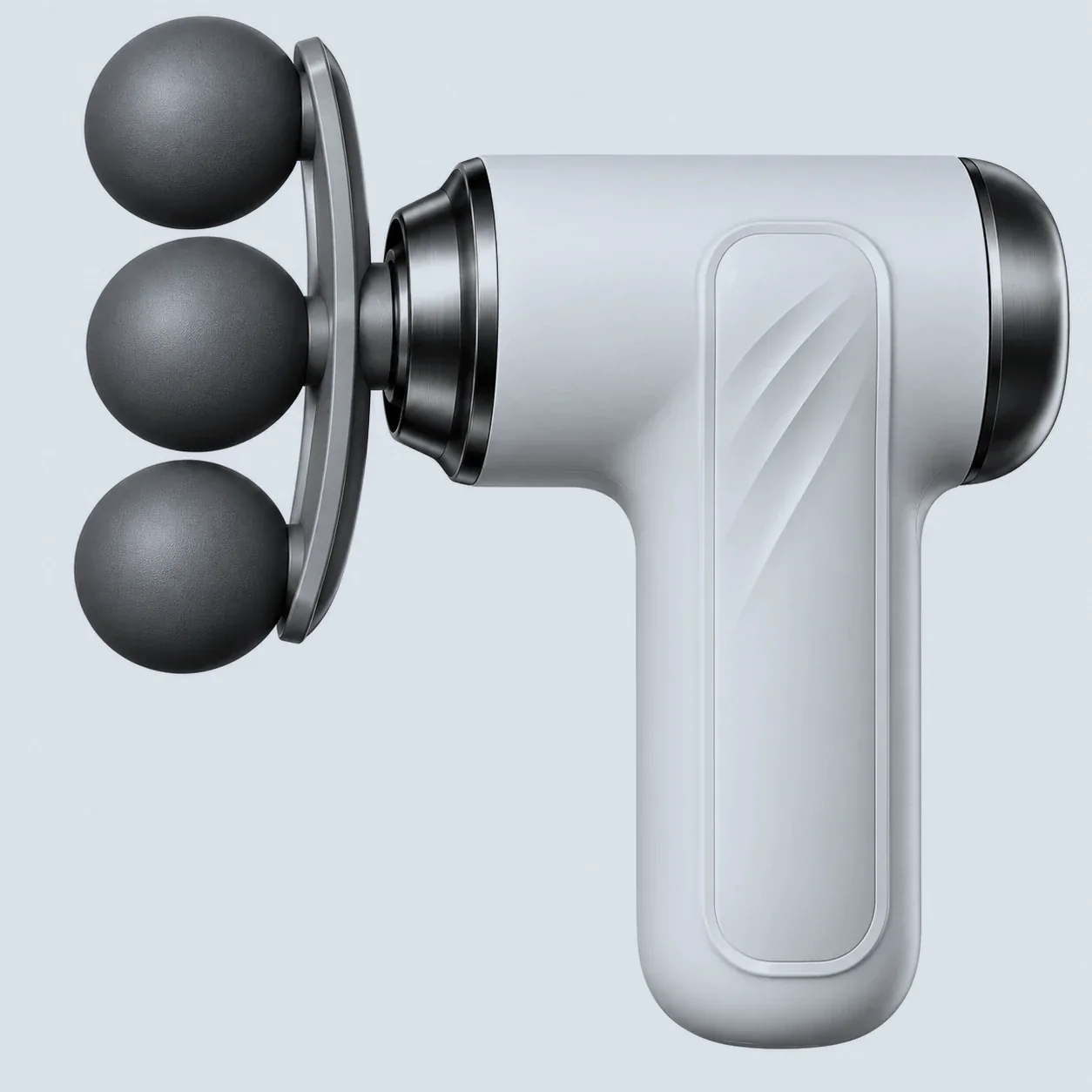 Massage gun with three round massage heads and a white body