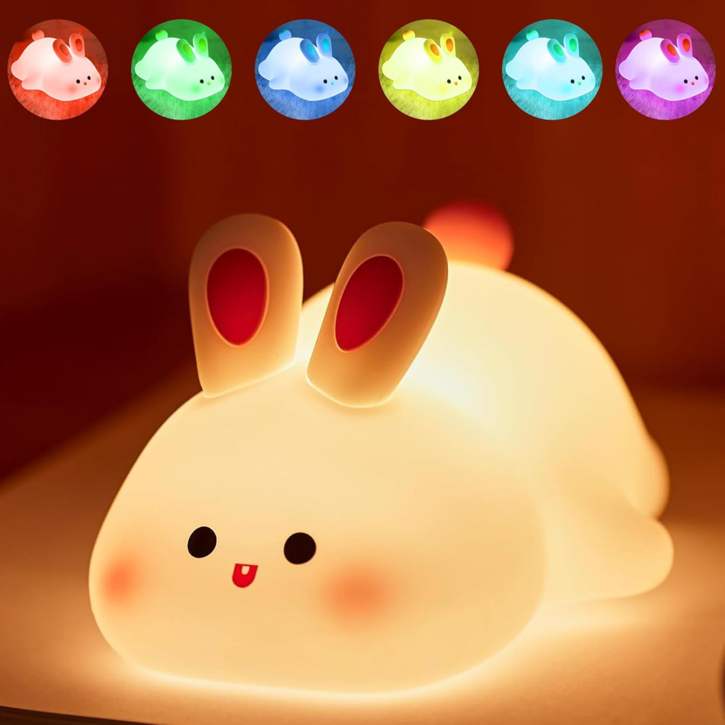 Soft rabbit silicone night lamp glowing with 7 colour modes